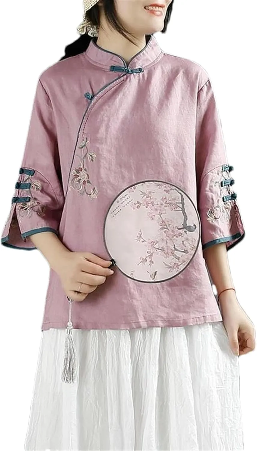 Chinese Cotton Linen Shirt Women Spring Summer Stand-up Collar Button-Down top Oblique Lapel Embroidered Tea Service