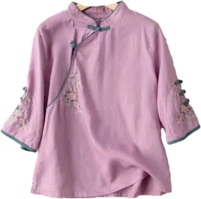 Chinese Oblique Collar Button Cotton and Linen Three-Quarter Sleeve Shirt Spring Summer Stand Collar Embroidered top