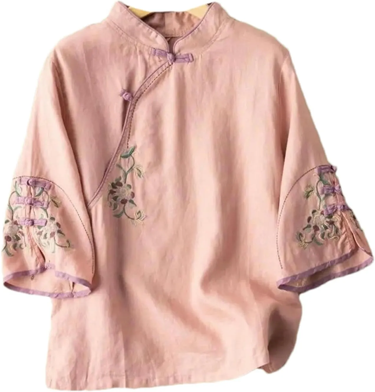 Chinese Oblique Collar Button Cotton and Linen Three-Quarter Sleeve Shirt Spring Summer Stand Collar Embroidered top