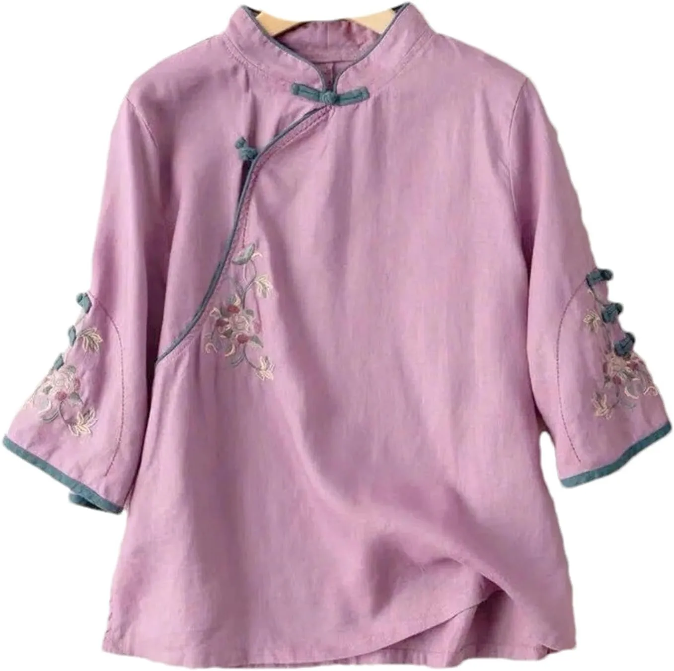 Chinese Oblique Collar Button Cotton and Linen Three-Quarter Sleeve Shirt Spring Summer Stand Collar Embroidered top