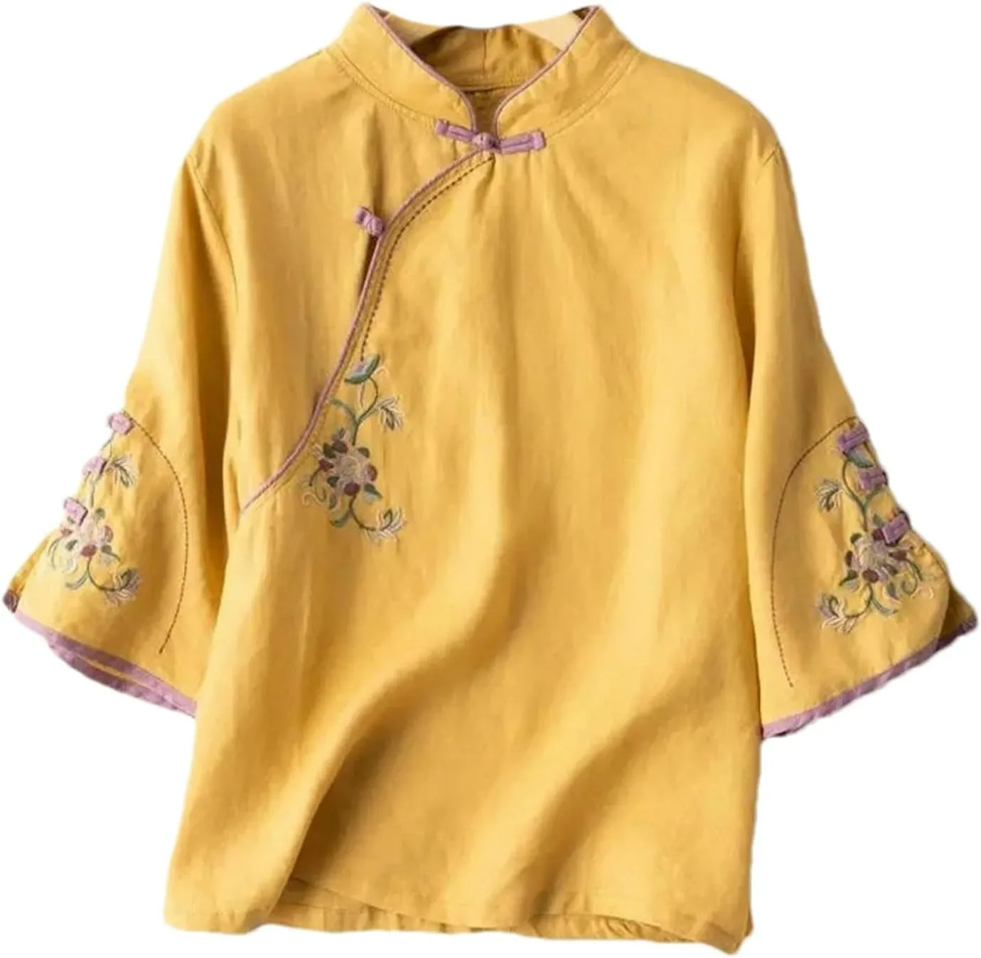 Chinese Oblique Collar Button Cotton and Linen Three-Quarter Sleeve Shirt Spring Summer Stand Collar Embroidered top