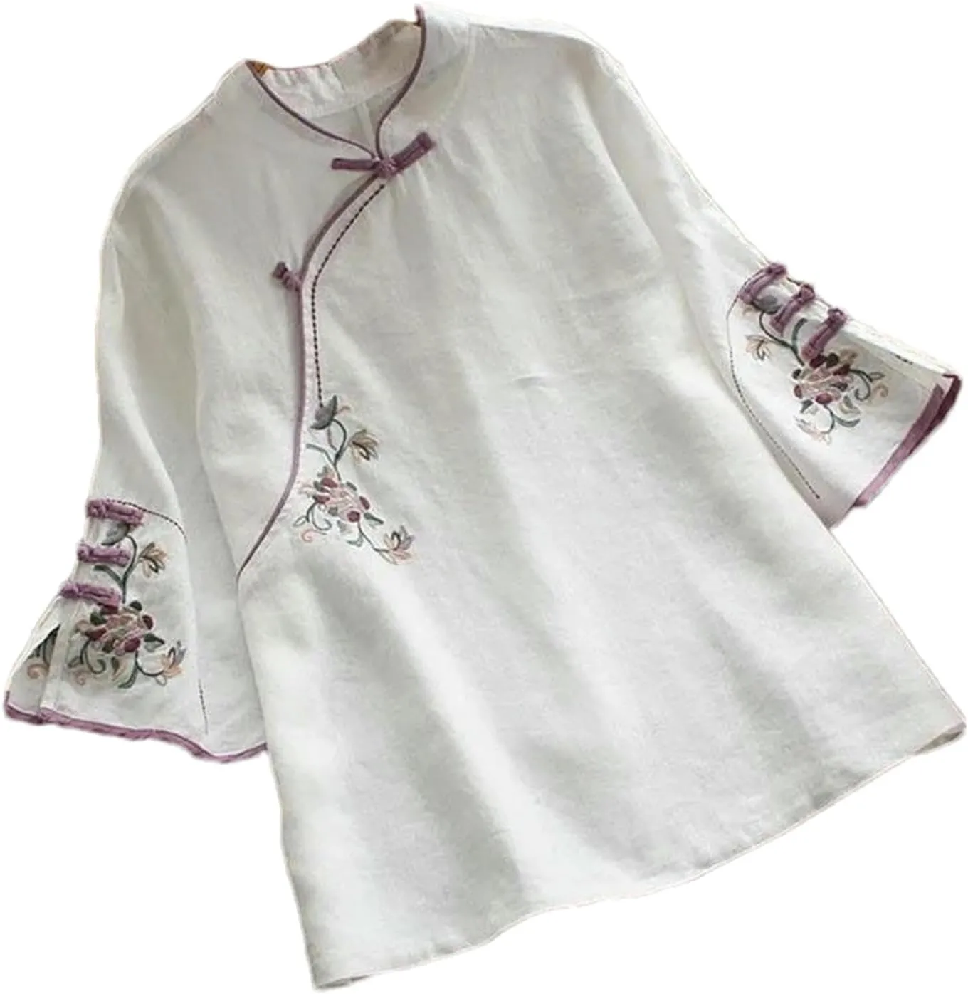 Chinese Oblique Collar Button Cotton and Linen Three-Quarter Sleeve Shirt Spring Summer Stand Collar Embroidered top