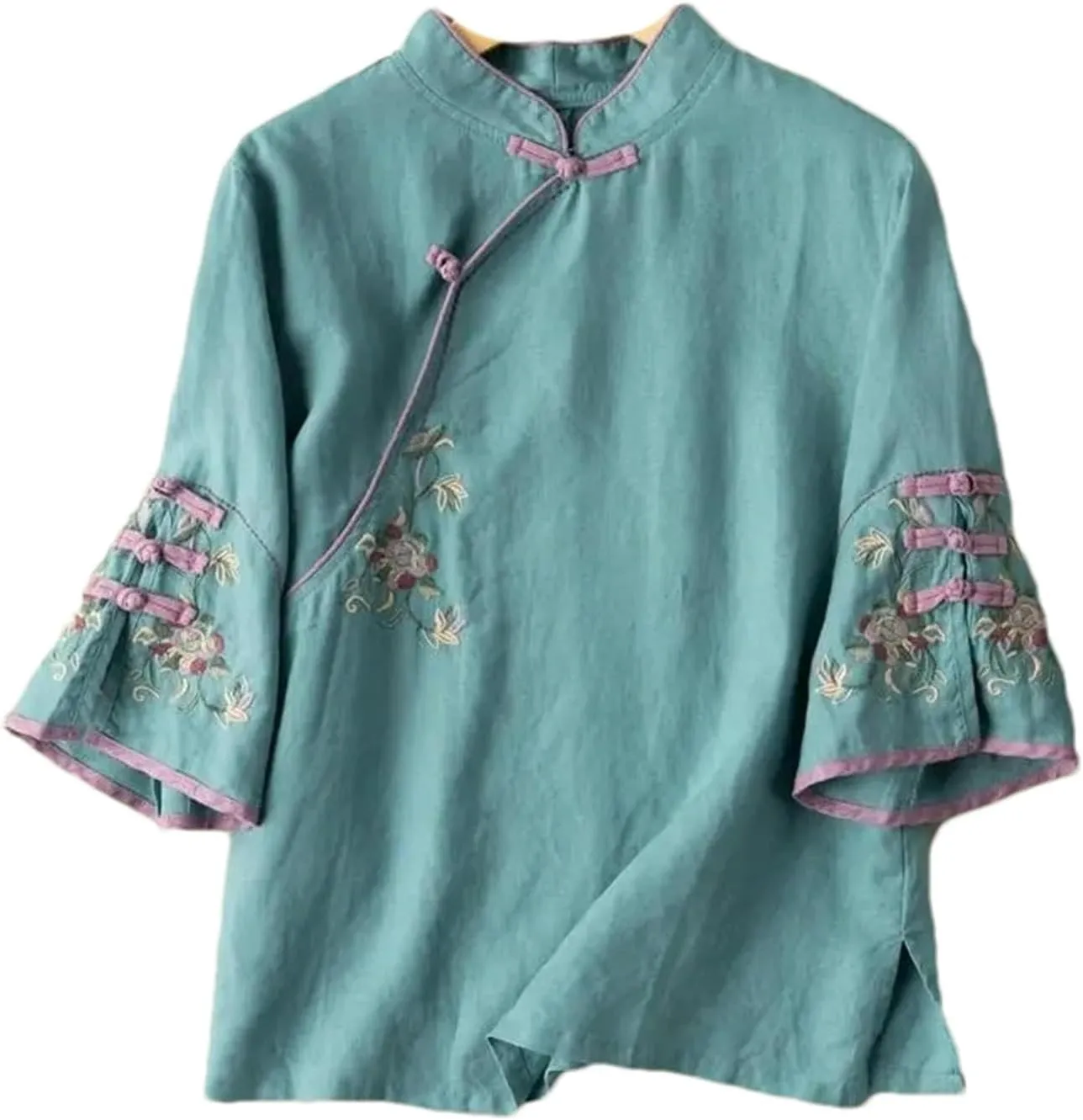 Chinese Oblique Collar Button Cotton and Linen Three-Quarter Sleeve Shirt Spring Summer Stand Collar Embroidered top