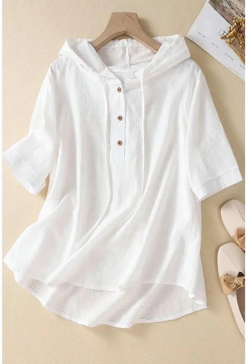 Chinese Style Casual Short-Sleeved Embroidered Cotton and Linen Shirt Women's Summer Hooded top Trend