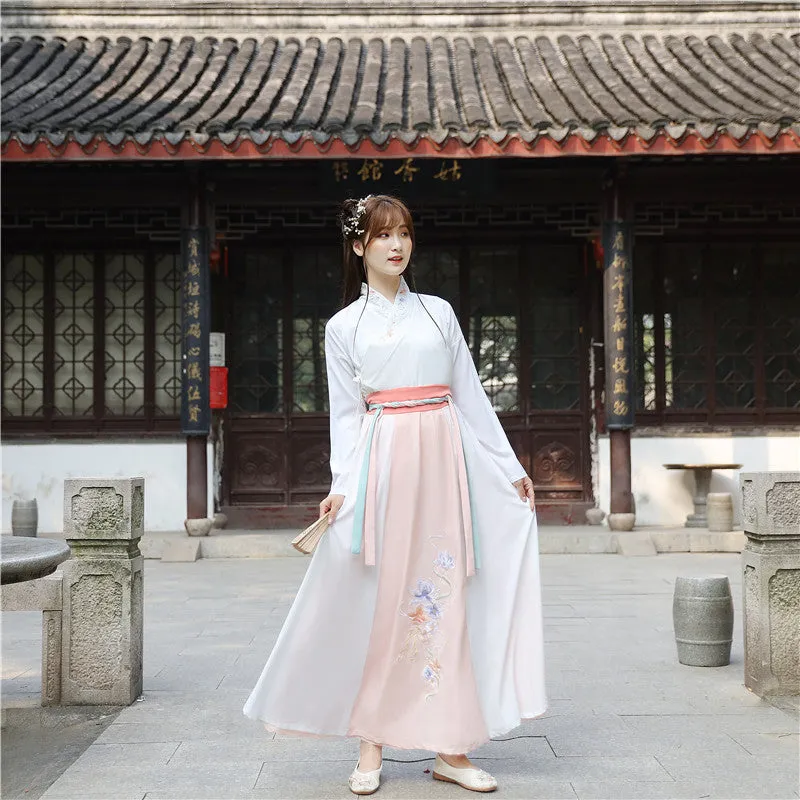 Chinese Traditional Dress Waist Cross Collar Embroidered Fresh Elegant Daily Dress
