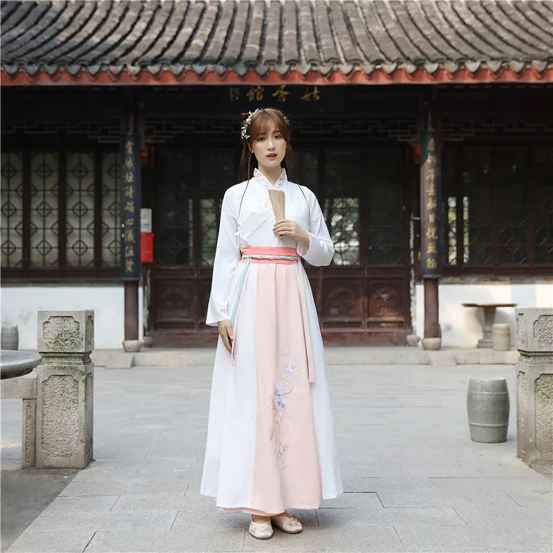 Chinese Traditional Dress Waist Cross Collar Embroidered Fresh Elegant Daily Dress