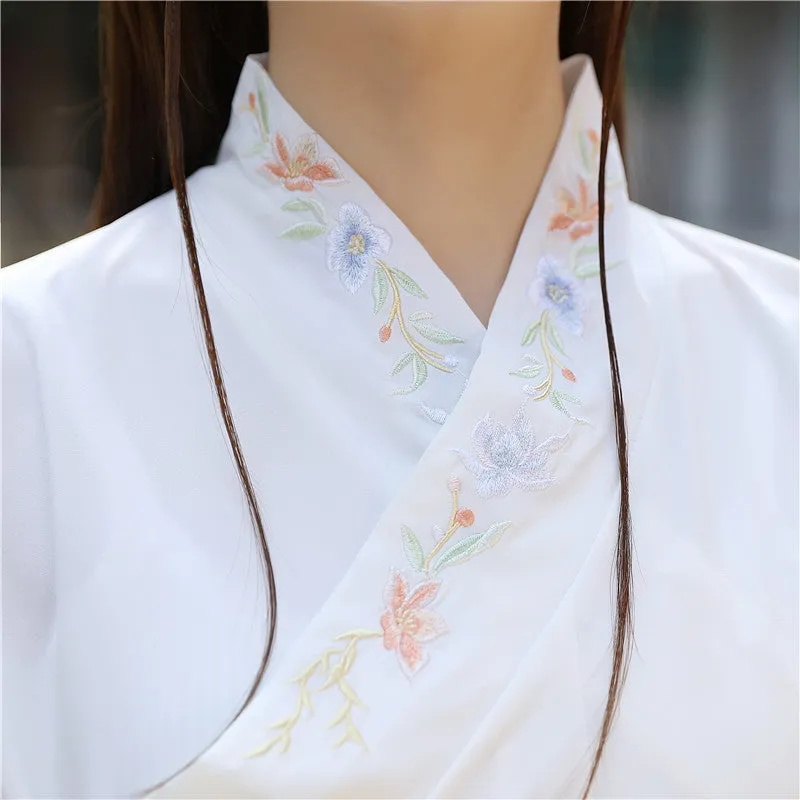 Chinese Traditional Dress Waist Cross Collar Embroidered Fresh Elegant Daily Dress