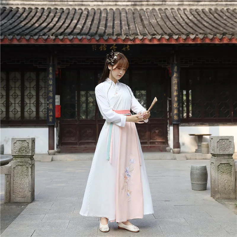 Chinese Traditional Dress Waist Cross Collar Embroidered Fresh Elegant Daily Dress