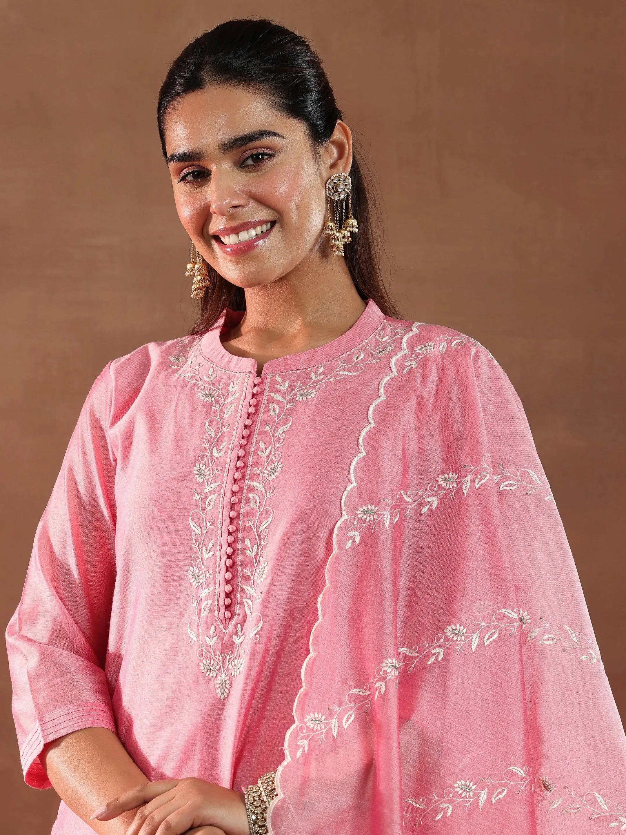 Coral Yoke Design Chanderi Silk Straight Suit With Dupatta