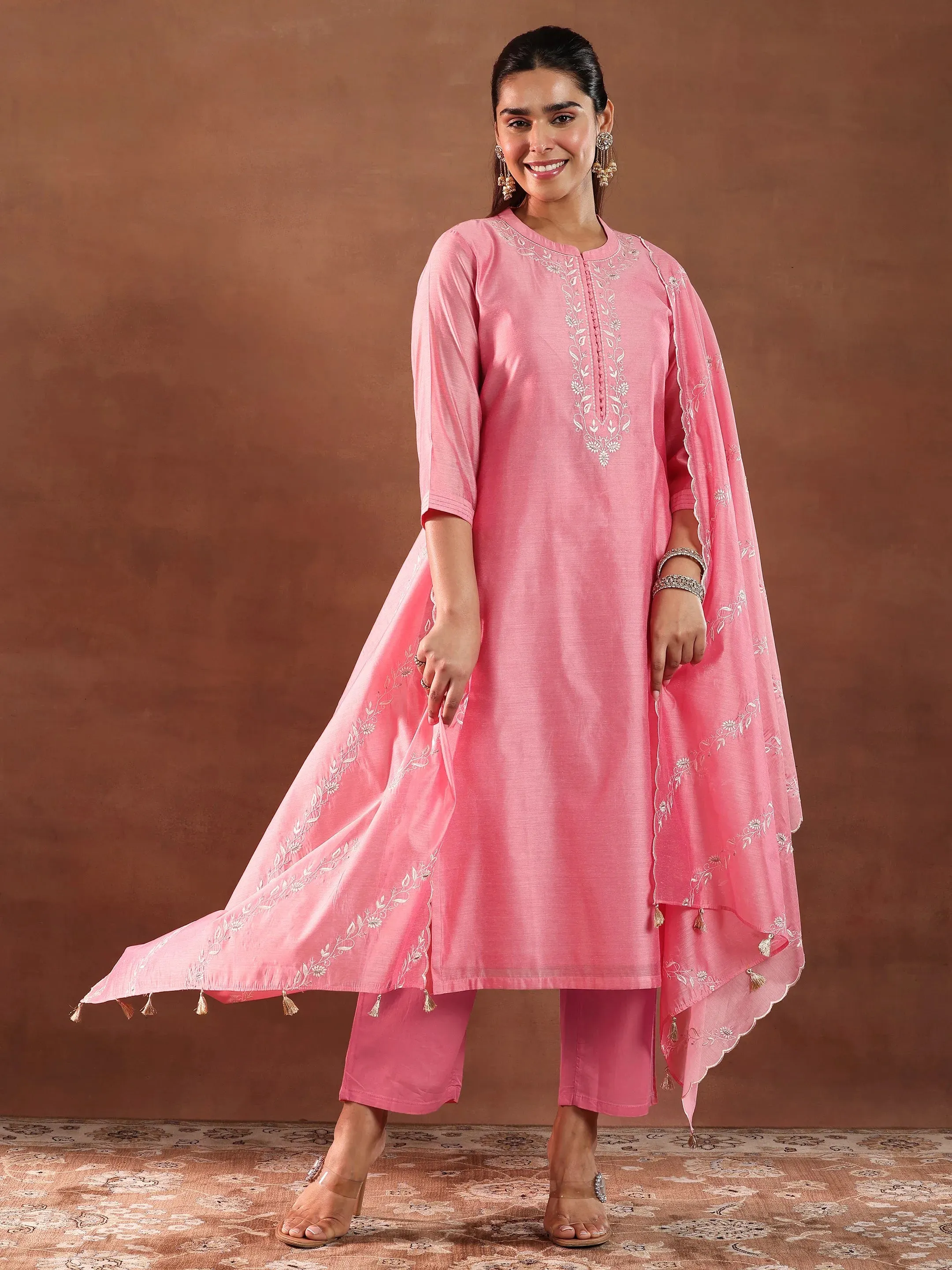 Coral Yoke Design Chanderi Silk Straight Suit With Dupatta