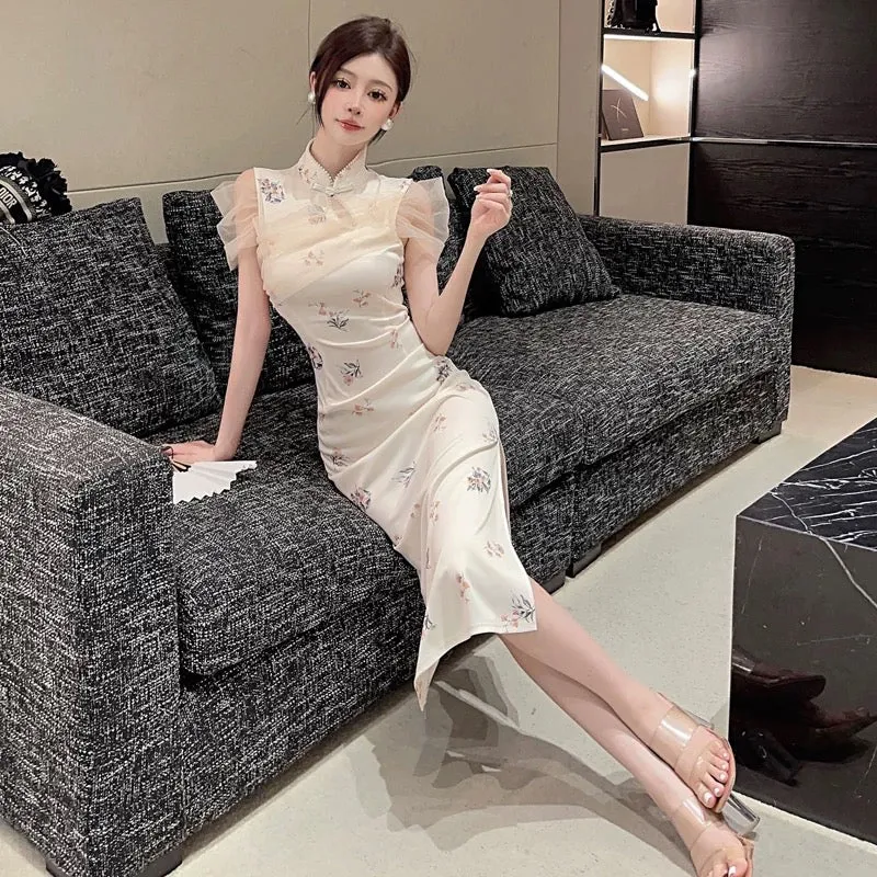 Creamy Mesh Sleeve Cheongsam Long Dress (M)