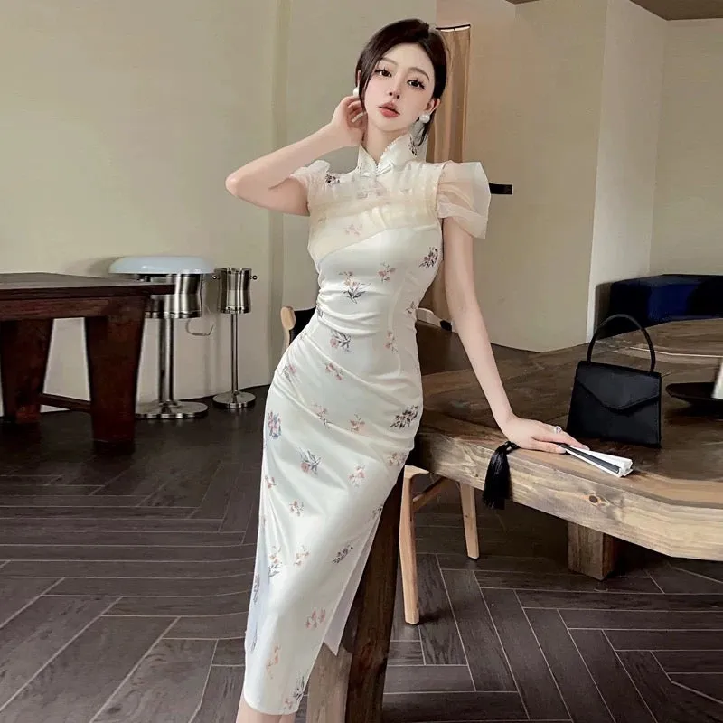 Creamy Mesh Sleeve Cheongsam Long Dress (M)