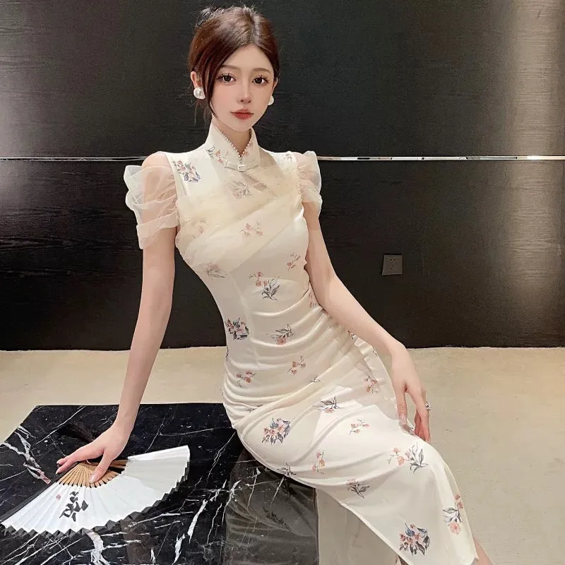 Creamy Mesh Sleeve Cheongsam Long Dress (M)