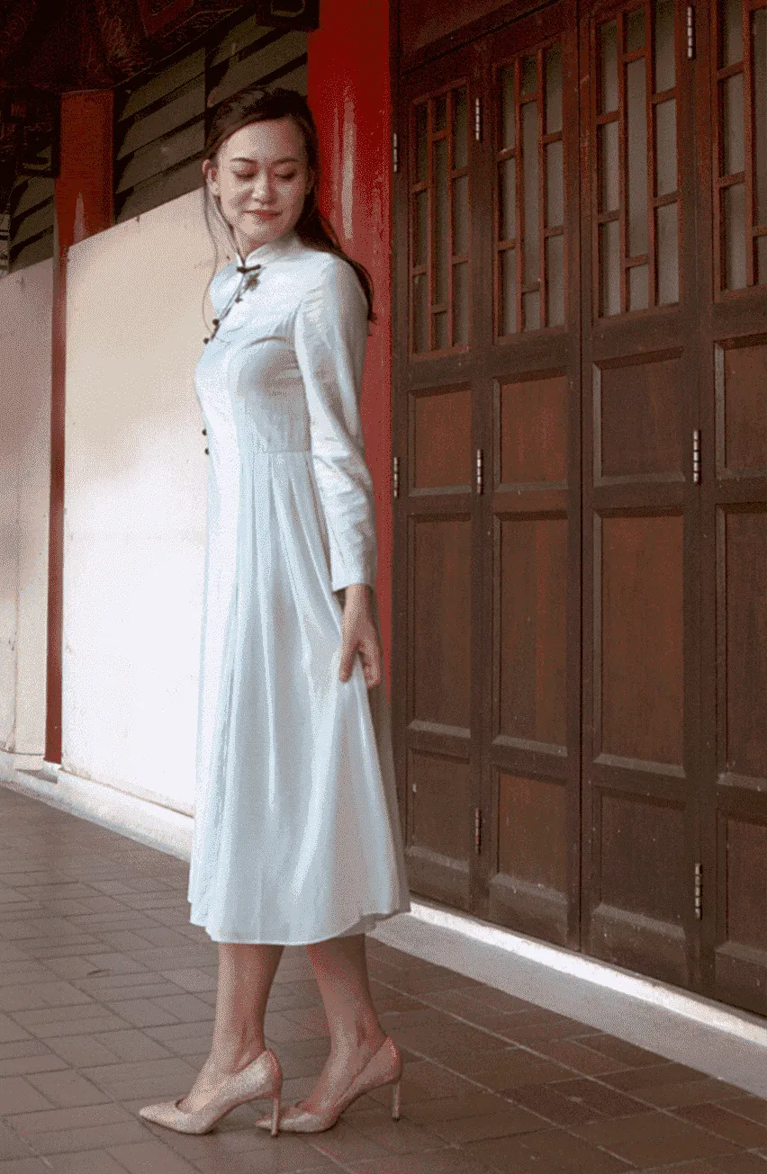 Daniela Mint Green Classic Chinese Mandarin Collar Long Sleeves Pleated Cheongsam Dress Qipao