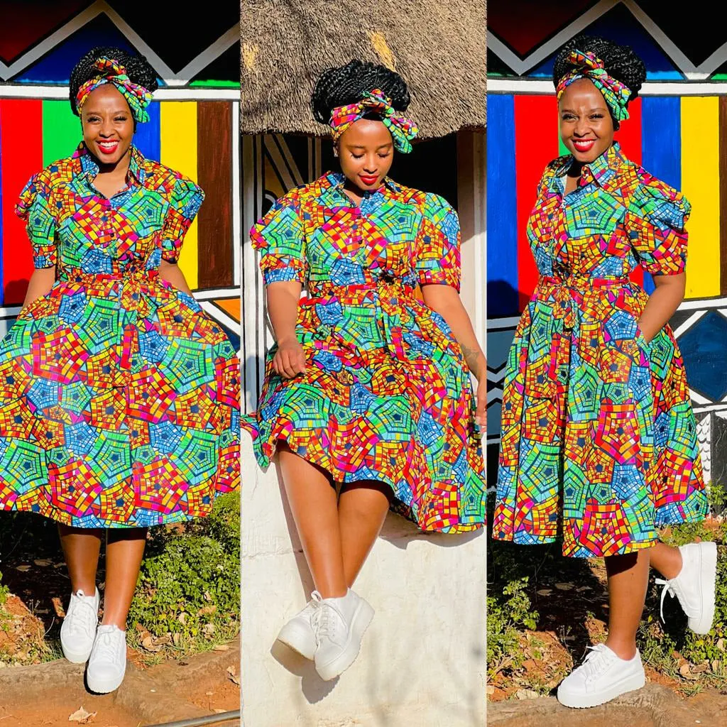 Deep V-Neck 3 Quarter Sleeve Ankara Dress