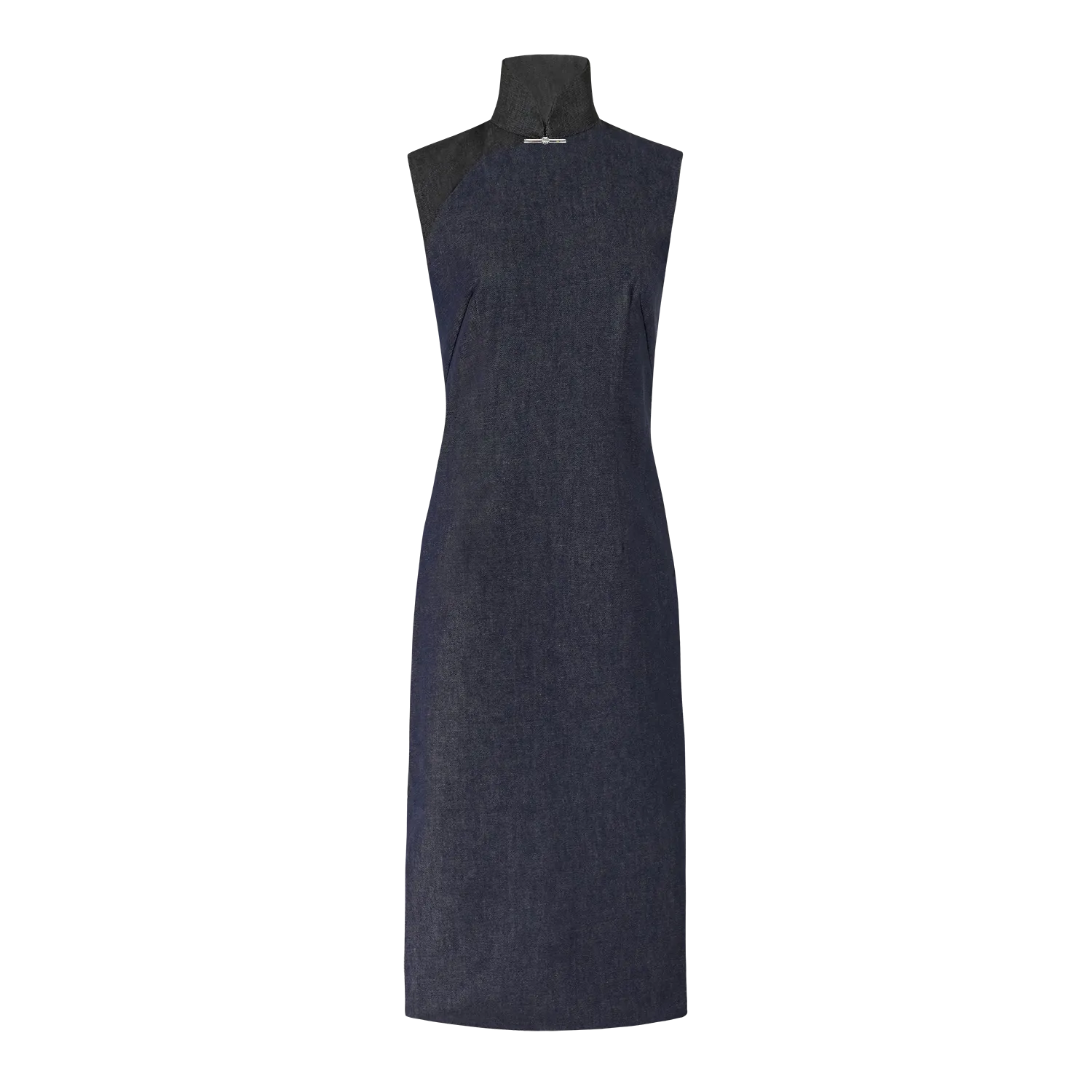 【DENIM】Navy & Black Modern Cheongsam with Braid Button Brooch (Sleeveless / Regular Fit)