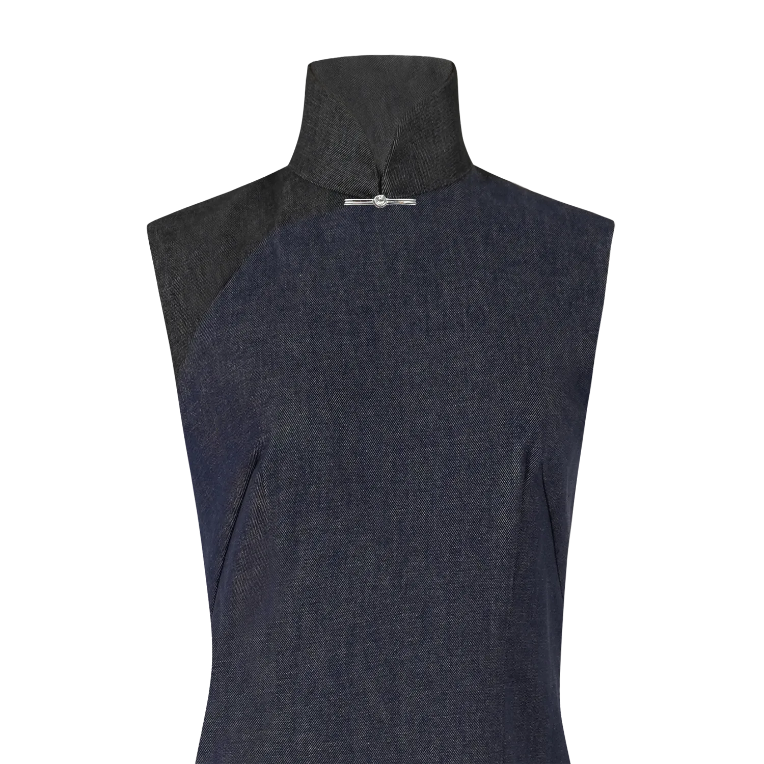 【DENIM】Navy & Black Modern Cheongsam with Braid Button Brooch (Sleeveless / Regular Fit)