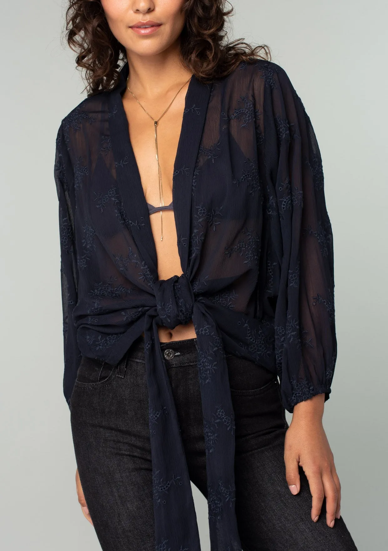 Embroidered Sheer Long Sleeve Tie Front Kimono Top