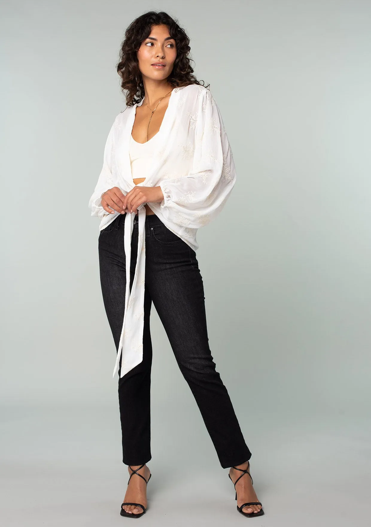 Embroidered Sheer Long Sleeve Tie Front Kimono Top