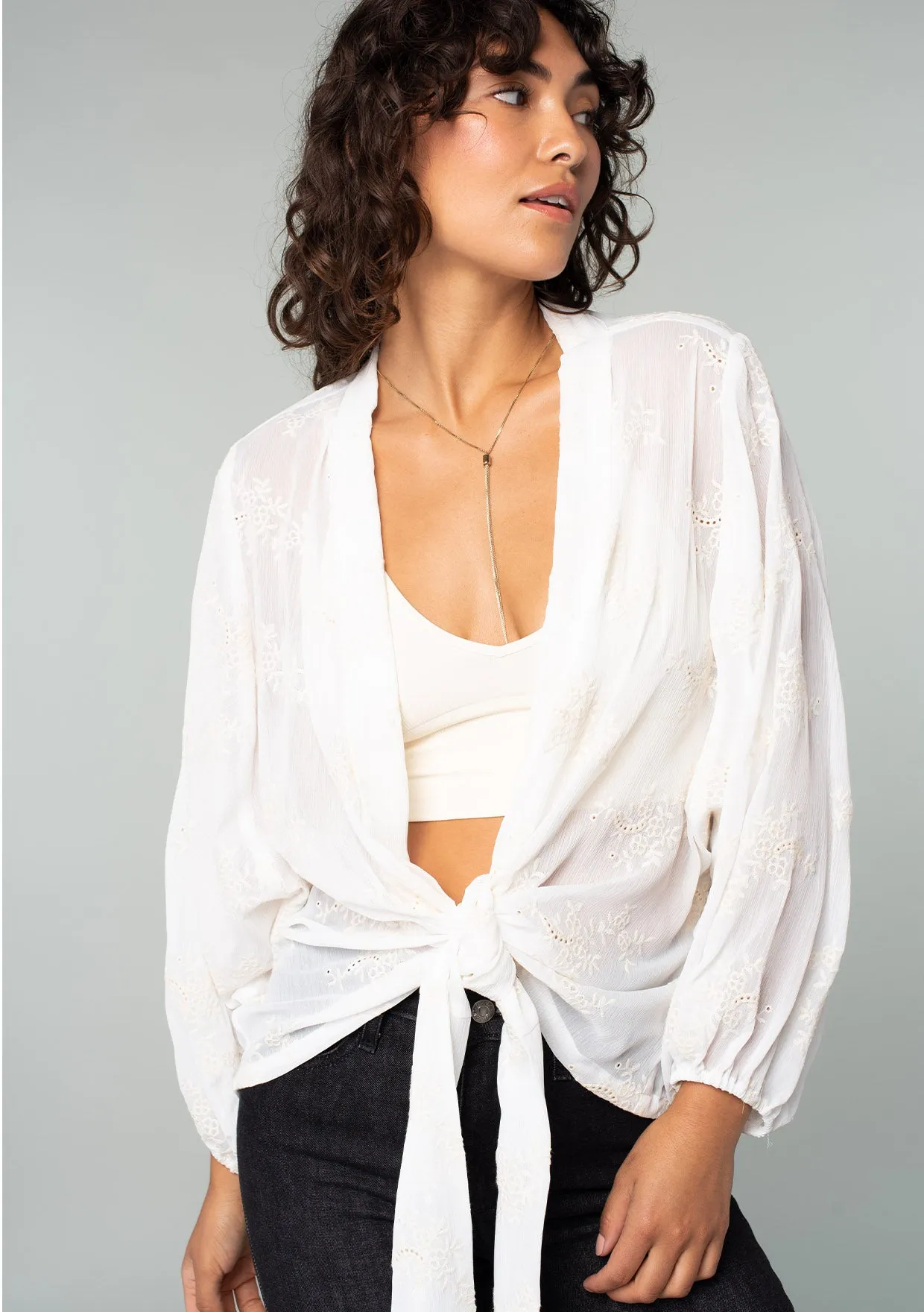 Embroidered Sheer Long Sleeve Tie Front Kimono Top
