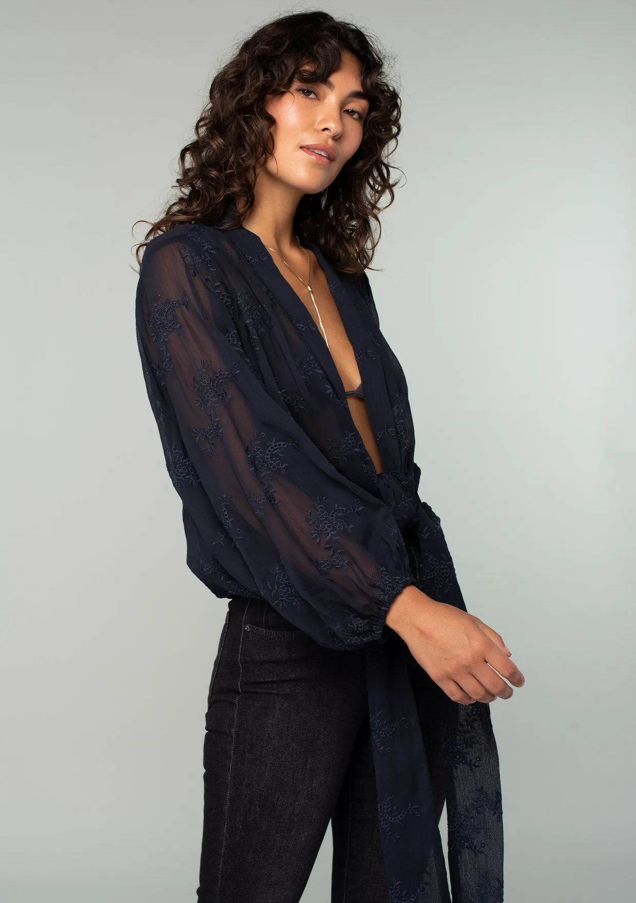 Embroidered Sheer Long Sleeve Tie Front Kimono Top