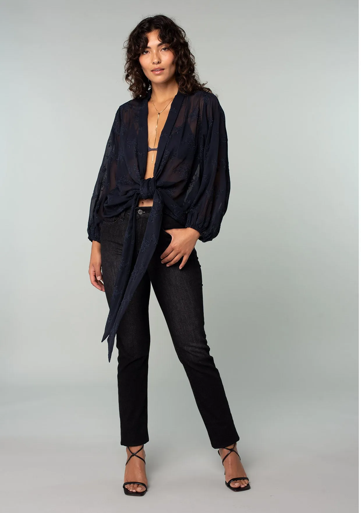 Embroidered Sheer Long Sleeve Tie Front Kimono Top