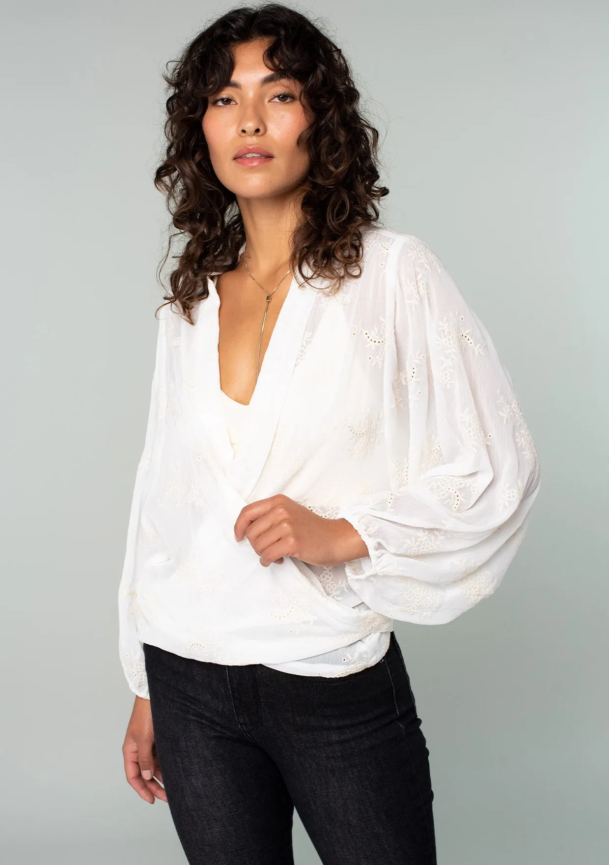 Embroidered Sheer Long Sleeve Tie Front Kimono Top