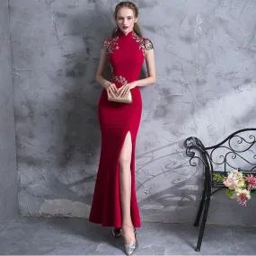Embroidery Modern Cheongsam Red Sexy Qipao Long Traditional Chinese Dress