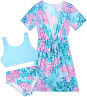 Enlifety Girls Swimsuit 3 Piece Bikini Bathing Suit Quick Dry Swimwear Sun Protection Cover-Up Sets 5-12 Years