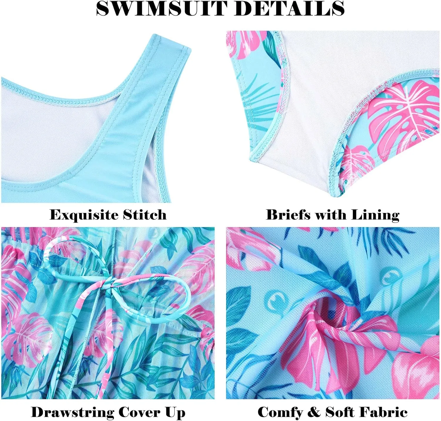 Enlifety Girls Swimsuit 3 Piece Bikini Bathing Suit Quick Dry Swimwear Sun Protection Cover-Up Sets 5-12 Years