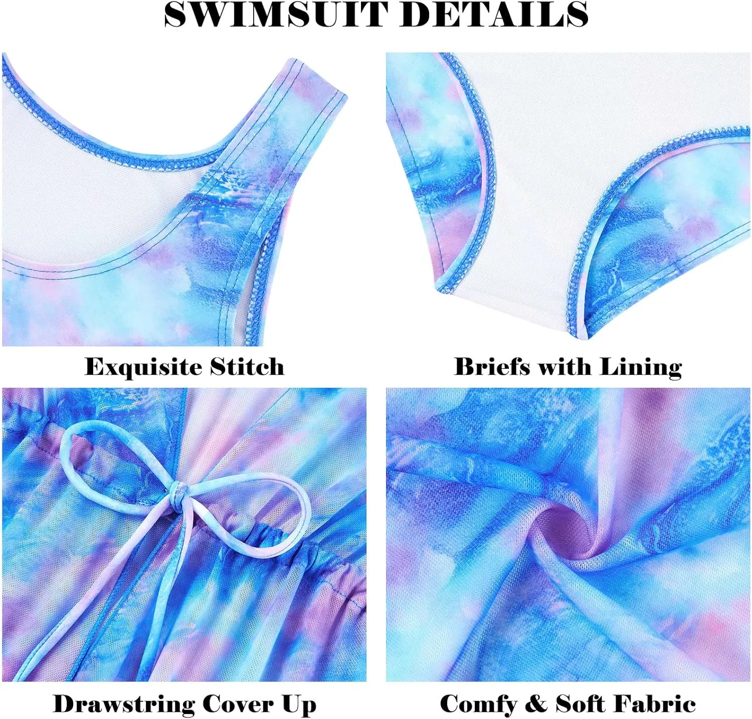 Enlifety Girls Swimsuit 3 Piece Bikini Bathing Suit Quick Dry Swimwear Sun Protection Cover-Up Sets 5-12 Years
