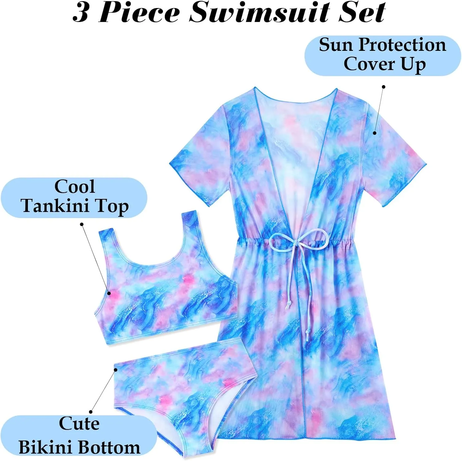 Enlifety Girls Swimsuit 3 Piece Bikini Bathing Suit Quick Dry Swimwear Sun Protection Cover-Up Sets 5-12 Years