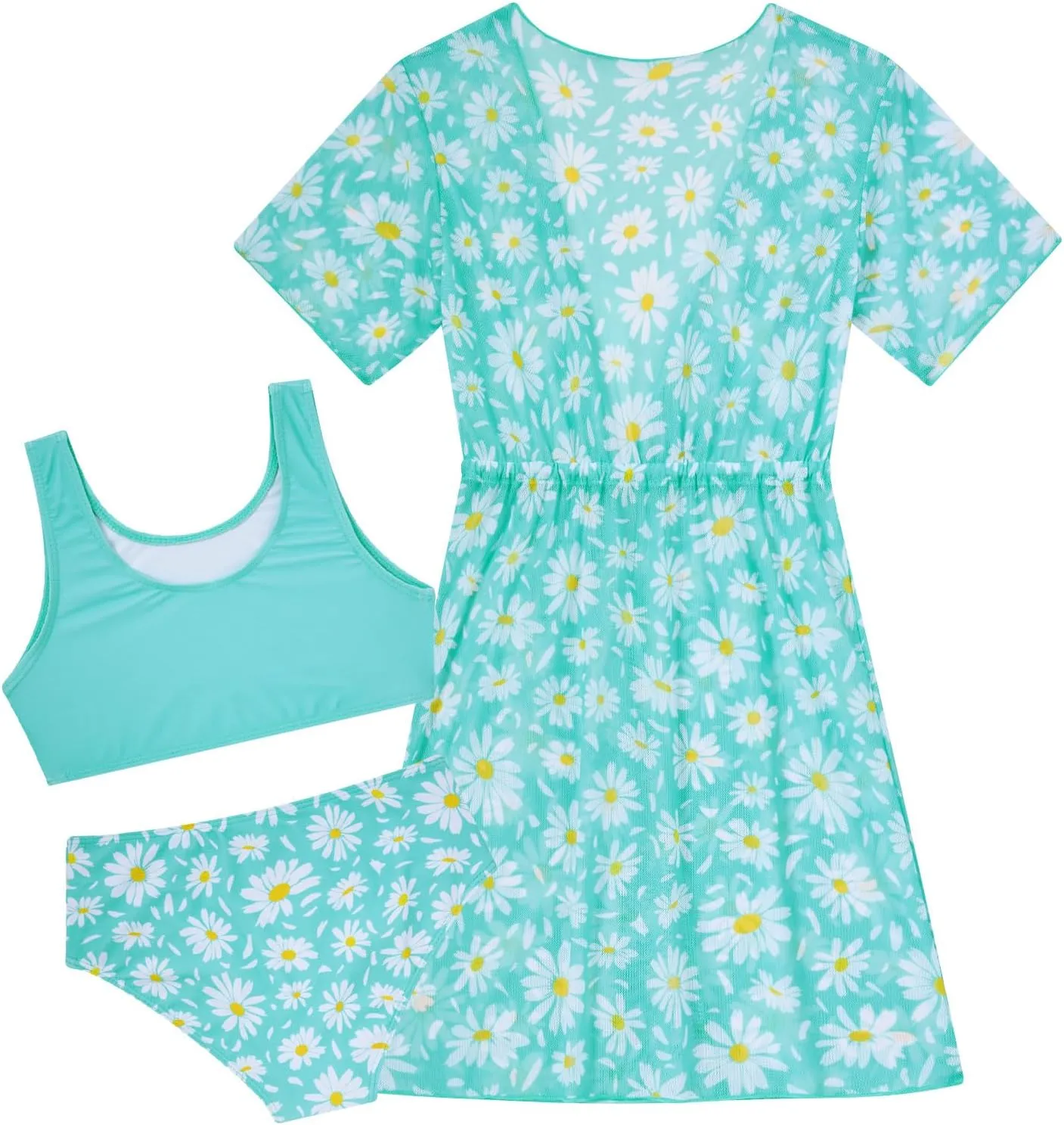 Enlifety Girls Swimsuit 3 Piece Bikini Bathing Suit Quick Dry Swimwear Sun Protection Cover-Up Sets 5-12 Years