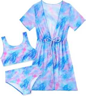 Enlifety Girls Swimsuit 3 Piece Bikini Bathing Suit Quick Dry Swimwear Sun Protection Cover-Up Sets 5-12 Years