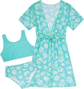 Enlifety Girls Swimsuit 3 Piece Bikini Bathing Suit Quick Dry Swimwear Sun Protection Cover-Up Sets 5-12 Years