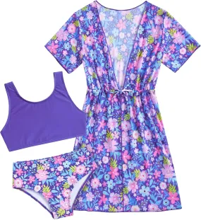 Enlifety Girls Swimsuit 3 Piece Bikini Bathing Suit Quick Dry Swimwear Sun Protection Cover-Up Sets 5-12 Years