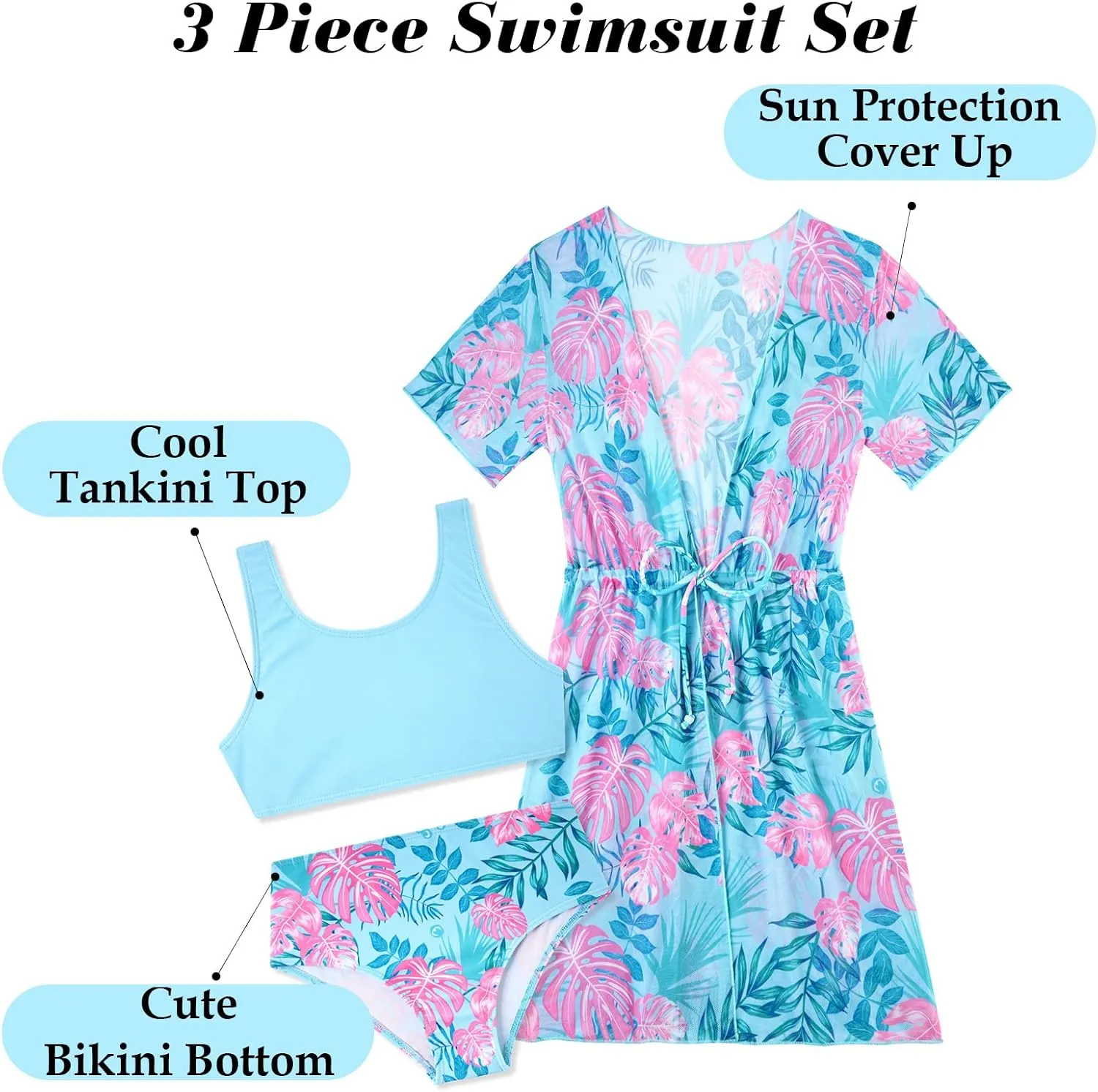 Enlifety Girls Swimsuit 3 Piece Bikini Bathing Suit Quick Dry Swimwear Sun Protection Cover-Up Sets 5-12 Years
