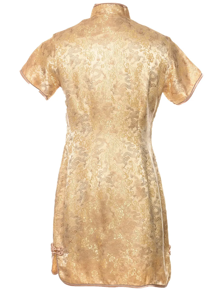 Floral Pattern Gold Traditional Evening Dress - M