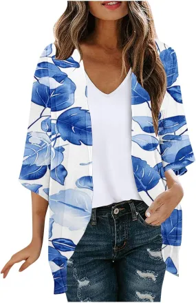 Floral Print Puff Sleeve Kimono For Women Cardigans 3/4 Sleeve Chiffon Coverup 2025 Loose Open Front Cover Beach Tops