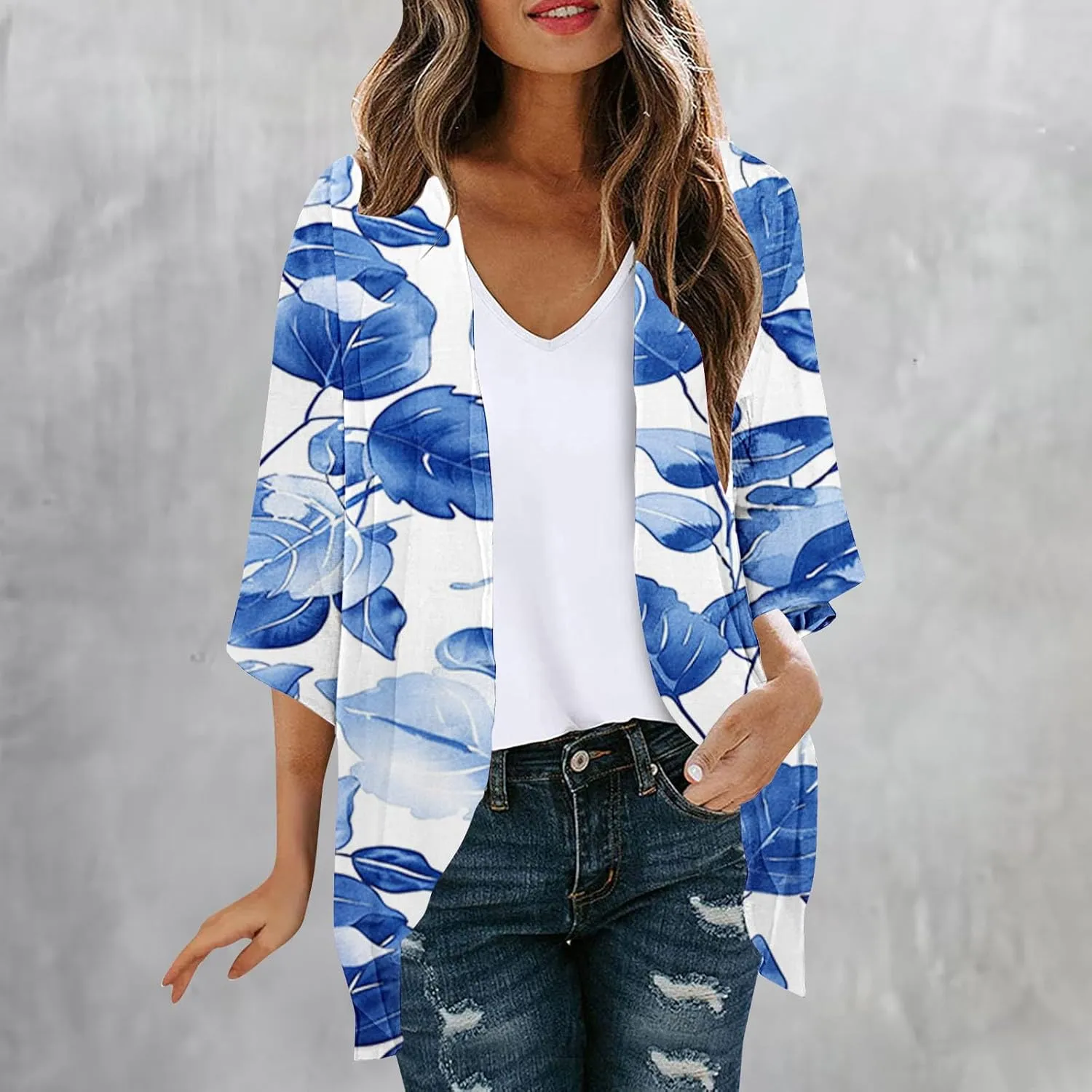 Floral Print Puff Sleeve Kimono For Women Cardigans 3/4 Sleeve Chiffon Coverup 2025 Loose Open Front Cover Beach Tops