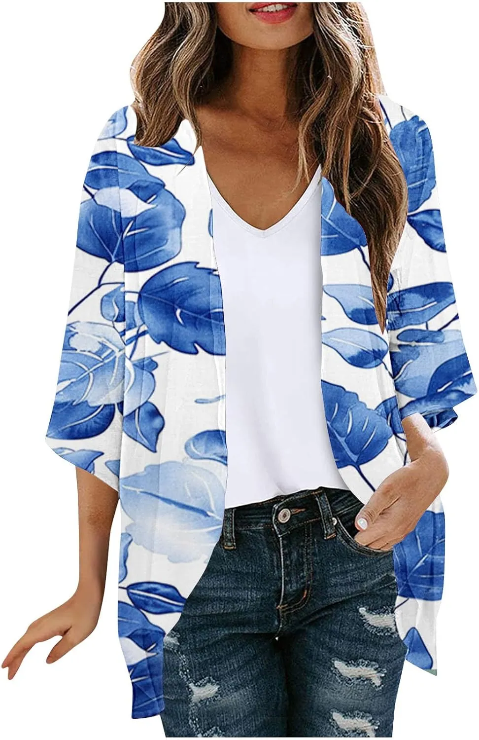 Floral Print Puff Sleeve Kimono For Women Cardigans 3/4 Sleeve Chiffon Coverup 2025 Loose Open Front Cover Beach Tops