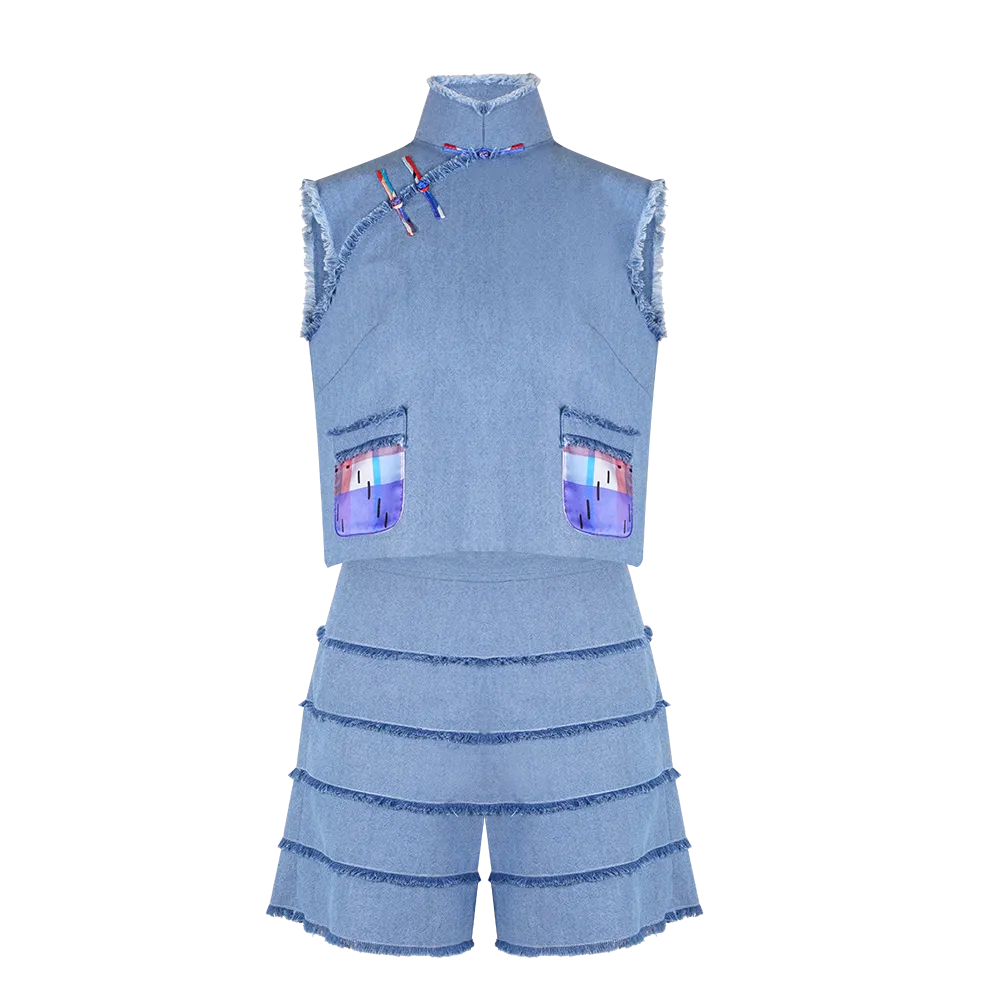 【FOLKISH】Red-White-Blue Satin Eco-Denim Cheongsam Tank Top (紅白藍)