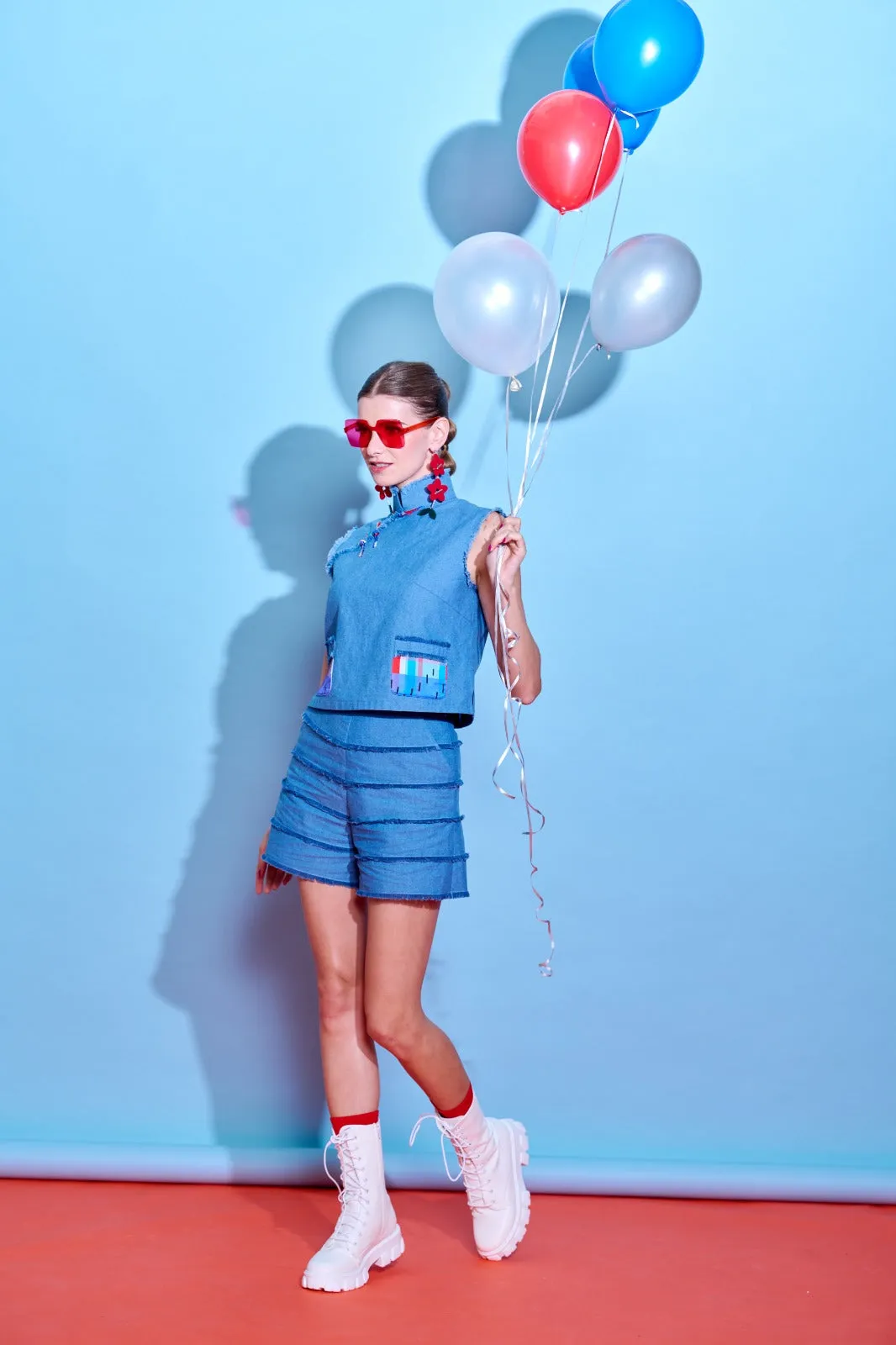 【FOLKISH】Red-White-Blue Satin Eco-Denim Cheongsam Tank Top (紅白藍)