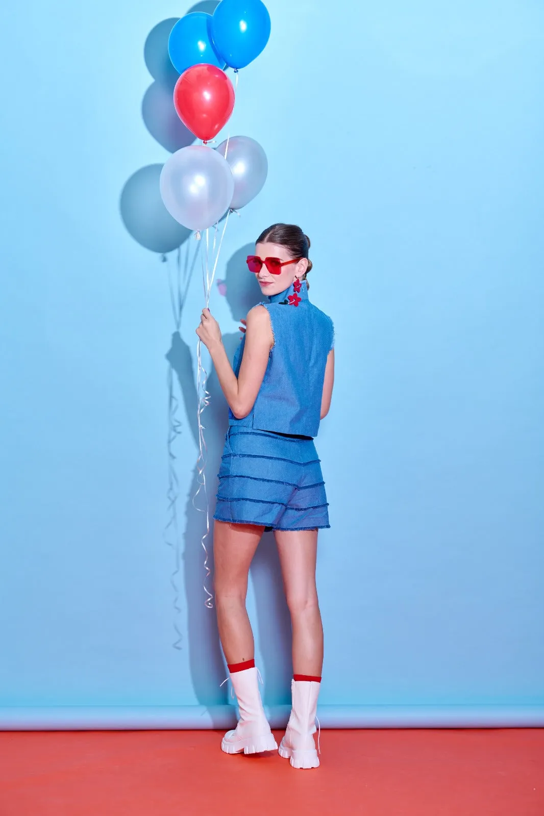 【FOLKISH】Red-White-Blue Satin Eco-Denim Cheongsam Tank Top (紅白藍)
