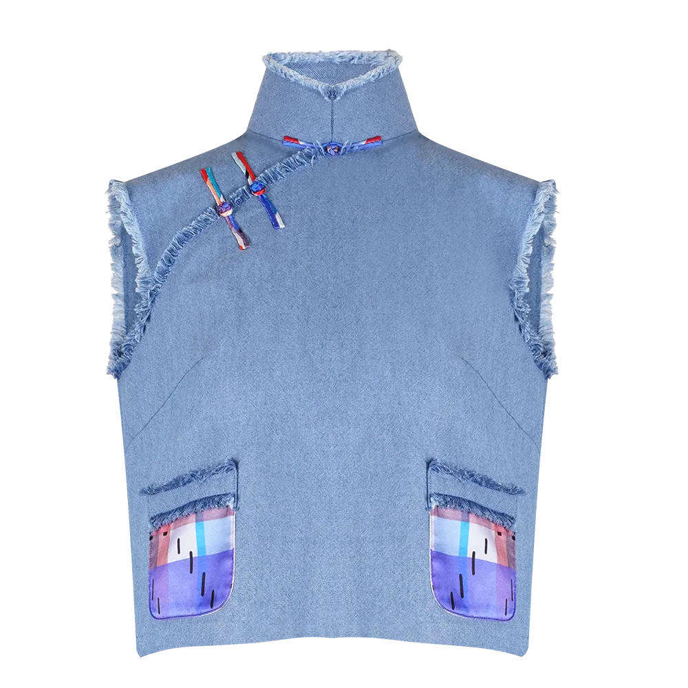 【FOLKISH】Red-White-Blue Satin Eco-Denim Cheongsam Tank Top (紅白藍)
