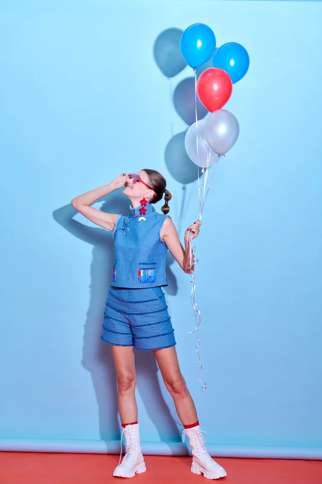 【FOLKISH】Red-White-Blue Satin Eco-Denim Cheongsam Tank Top (紅白藍)