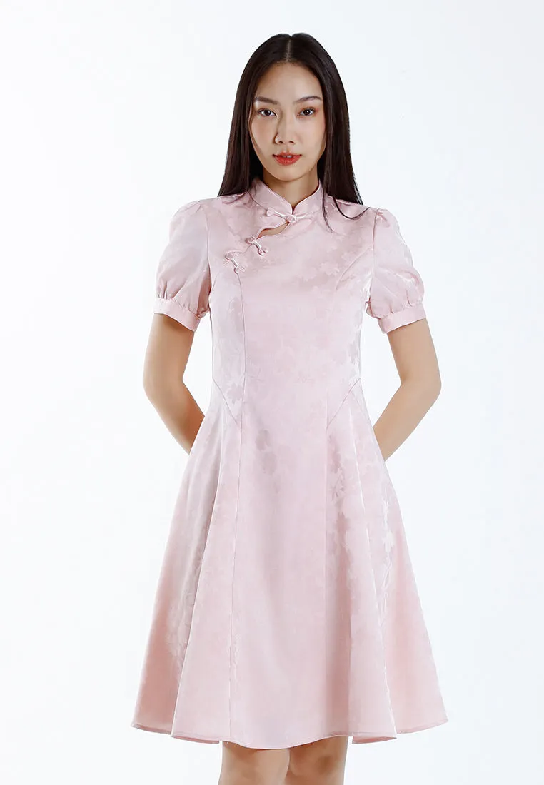 Forest Ladies Jacquard Puff Sleeve Cheongsam Dress Women Fit & Flare Cheongsam - 885089
