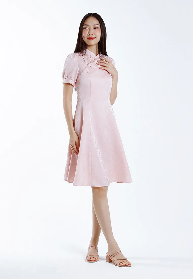 Forest Ladies Jacquard Puff Sleeve Cheongsam Dress Women Fit & Flare Cheongsam - 885089