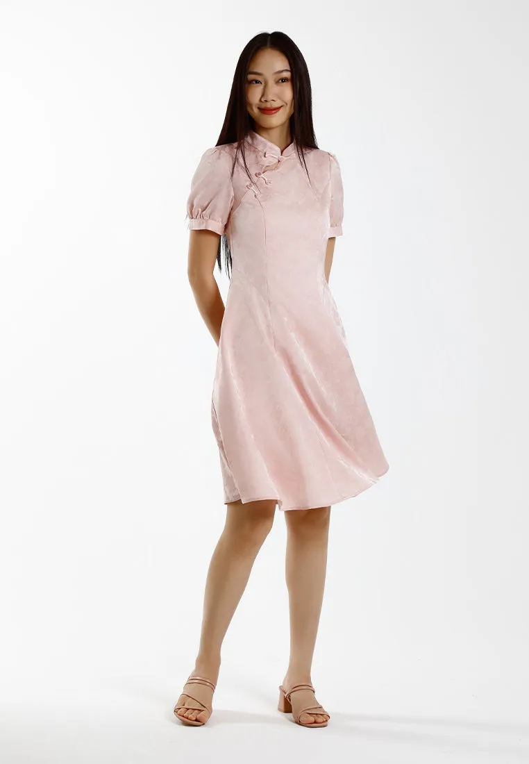 Forest Ladies Jacquard Puff Sleeve Cheongsam Dress Women Fit & Flare Cheongsam - 885089