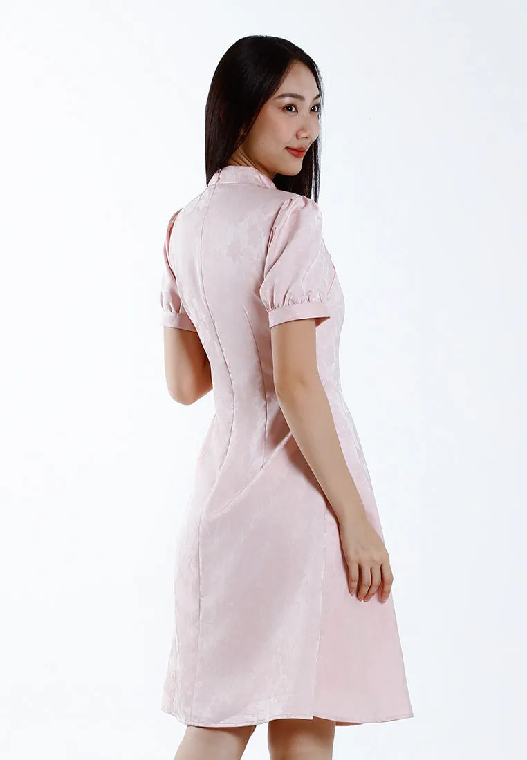 Forest Ladies Jacquard Puff Sleeve Cheongsam Dress Women Fit & Flare Cheongsam - 885089